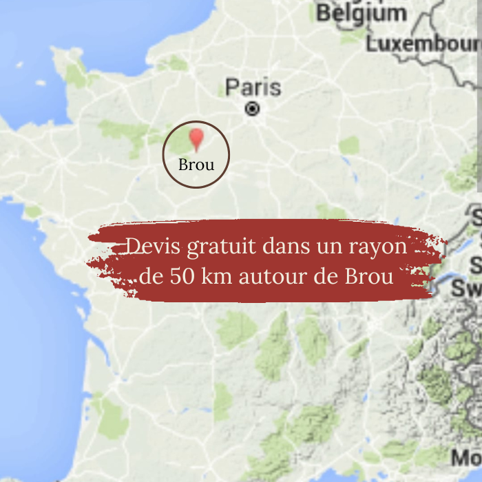 carte de france avec la localisation de Brou avec un message : devis gratuit dans un rayon de 50km de Brou